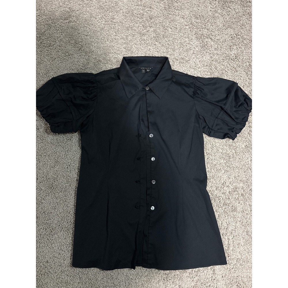 Y2K Theory Black Puff Sleeve Button Down Blouse Stretch Cotton Top Size P Petite